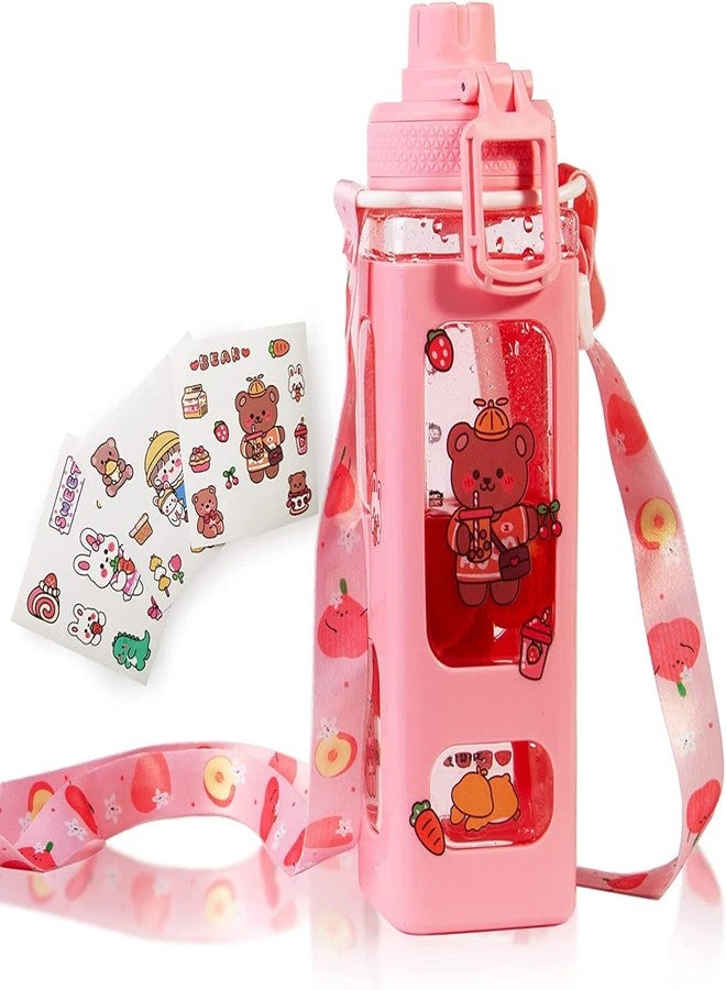 Manibam Impex Kawaii Water Bottle for Girls, Cute Kids Water Bottles with Straw, Carton Water Jug Large Square Drinking Bottle, Portable Leakproof Aesthetic Water Cup + 3D Stickers (Pink) - Image 1